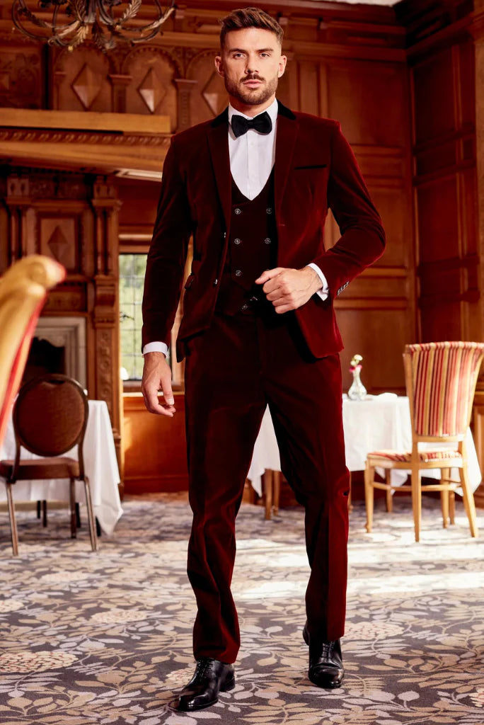Men wine velvet three piece formal-front