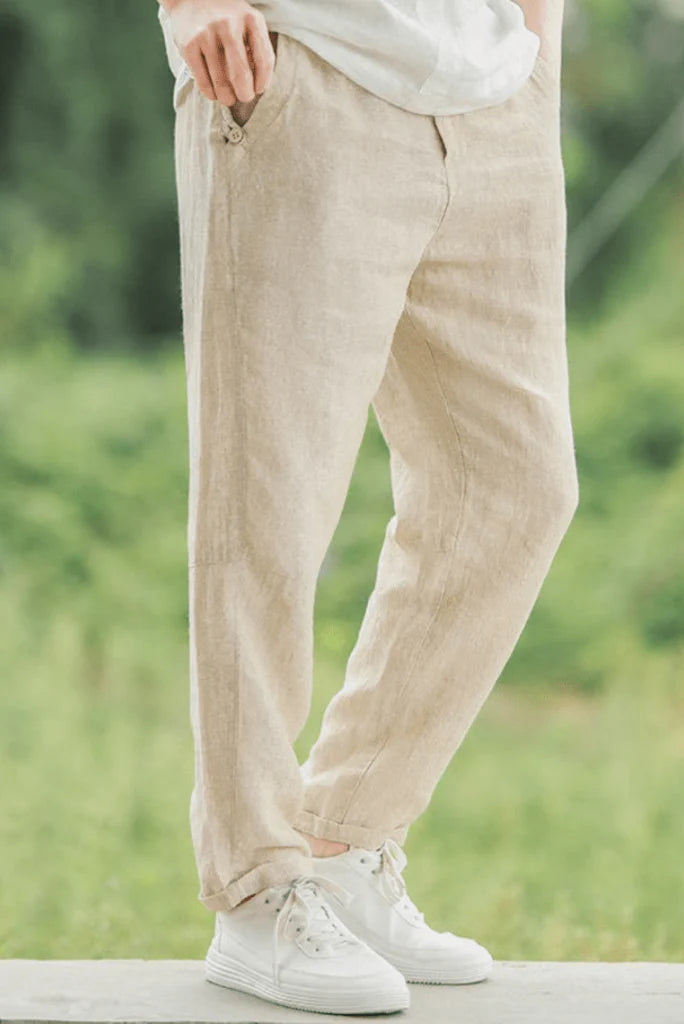 Men beige linen pant-Front