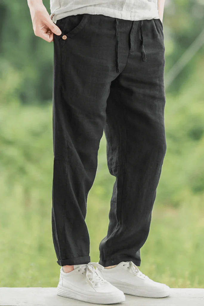 Men black casual linen trouser-Front