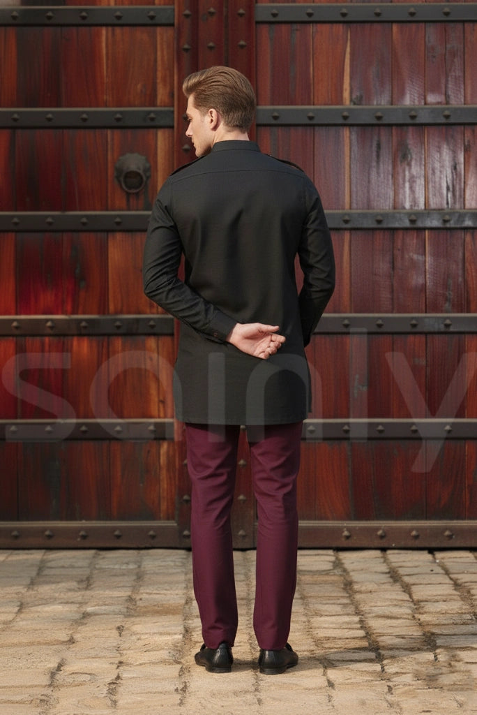 Men tailored black blazer with maroon breeches ensemble-back