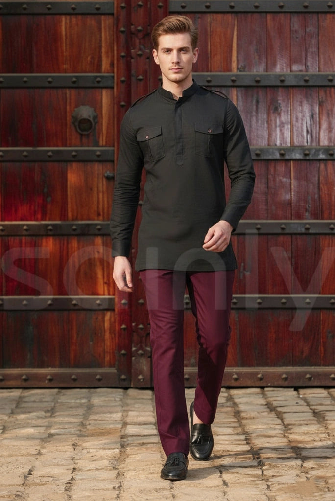 Men black and maroon formal breeches suit look