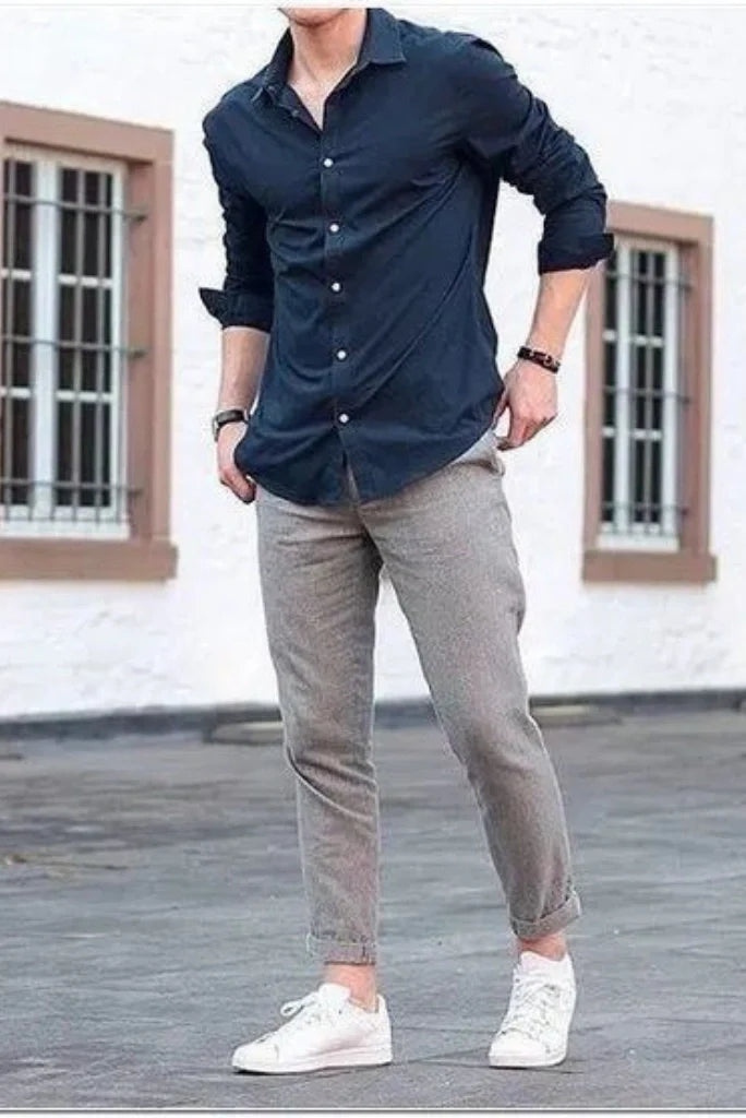 Men Navy Blue Shirt with Grey Pan Set Casual Wear-Front
