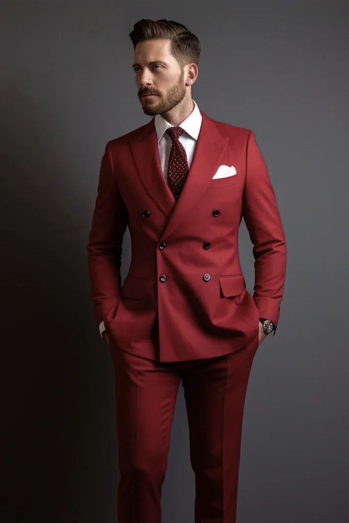 Men red double breasted two piece suit-front