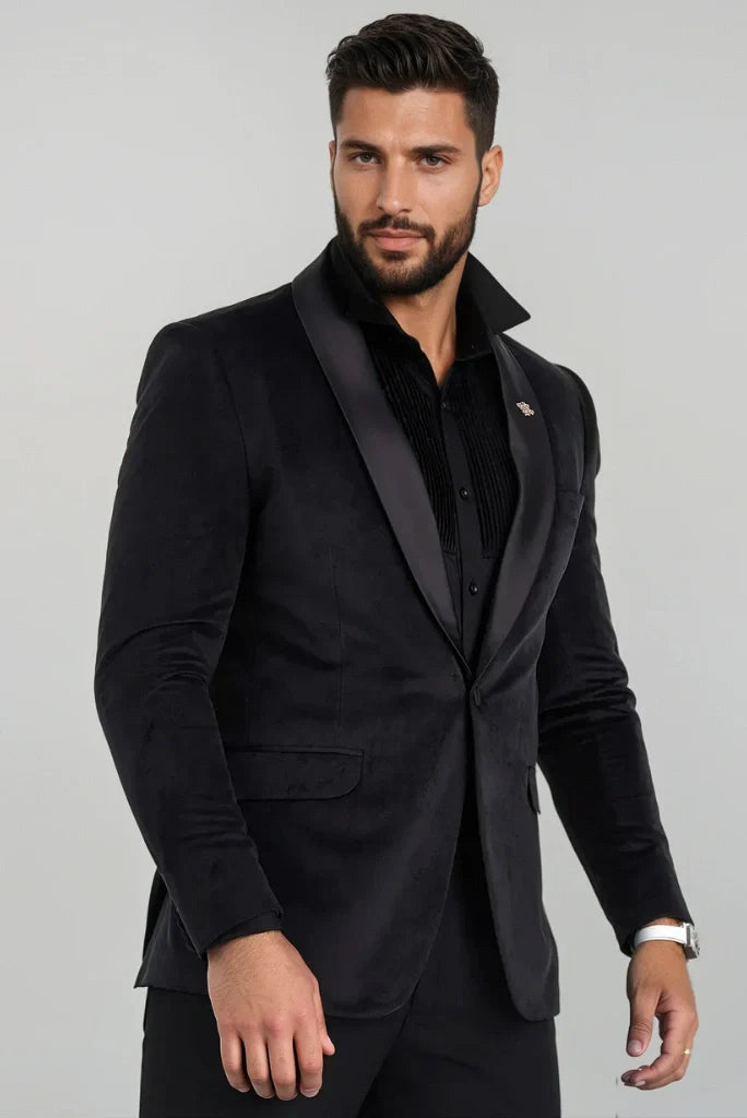 Men’s velvet tailored suit for party celebrations-side
