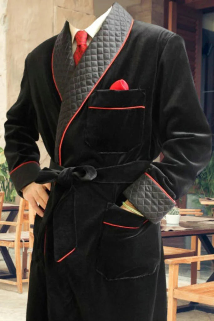 men velvet black long smoking jacket-Side