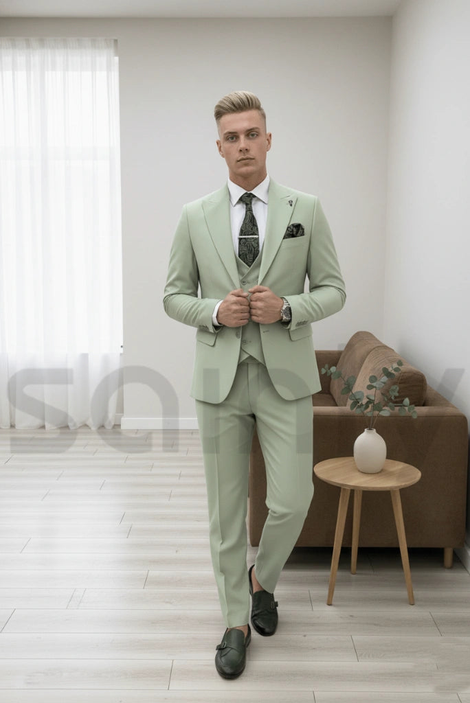 Men sage green three piece suit-front