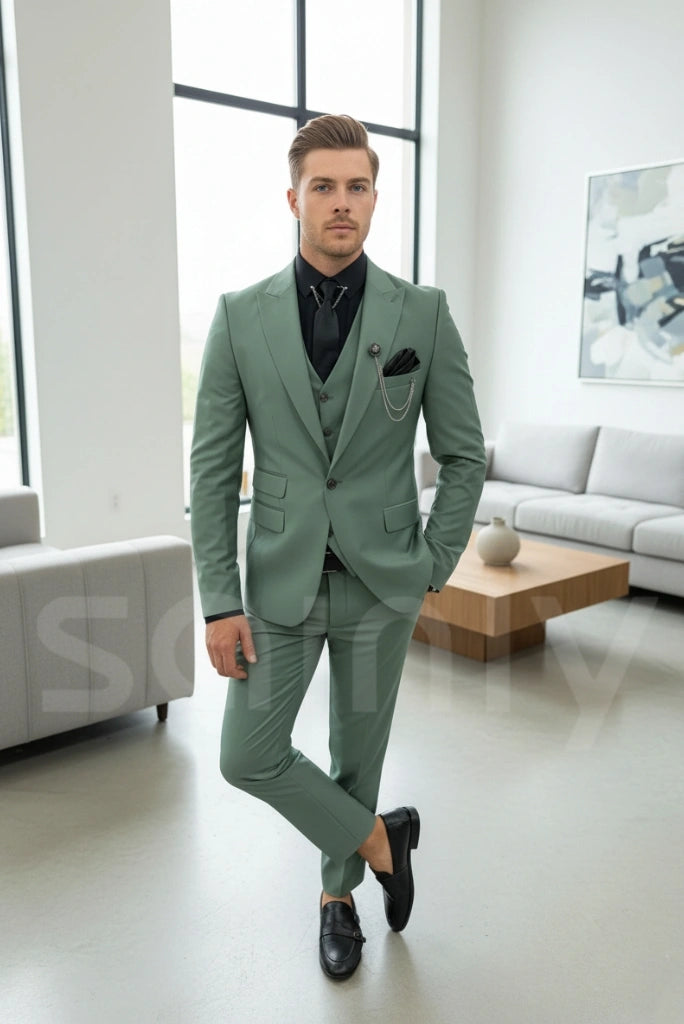 Men sage green three-piece suit-front