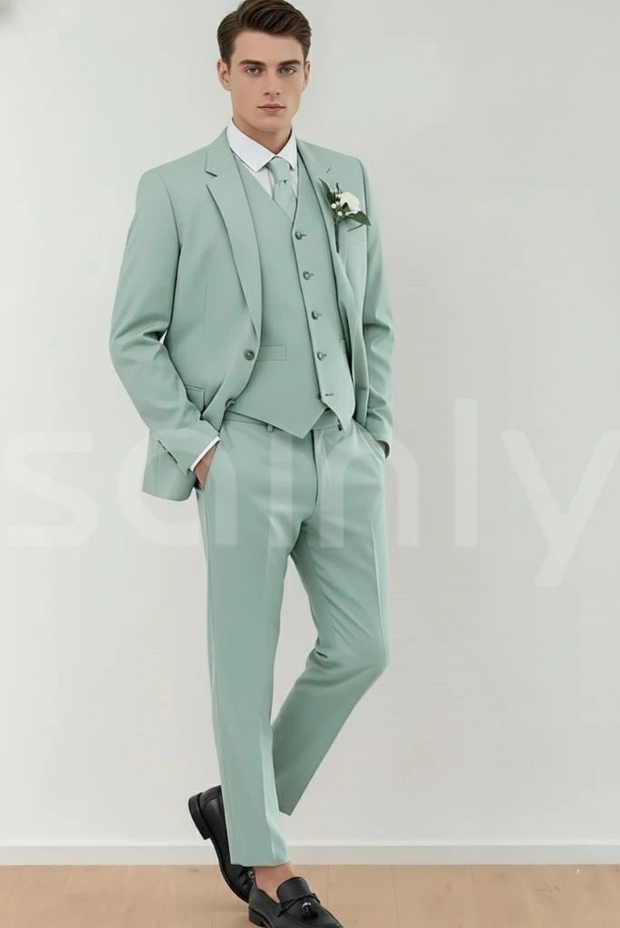 Men sage green three piece suit-front