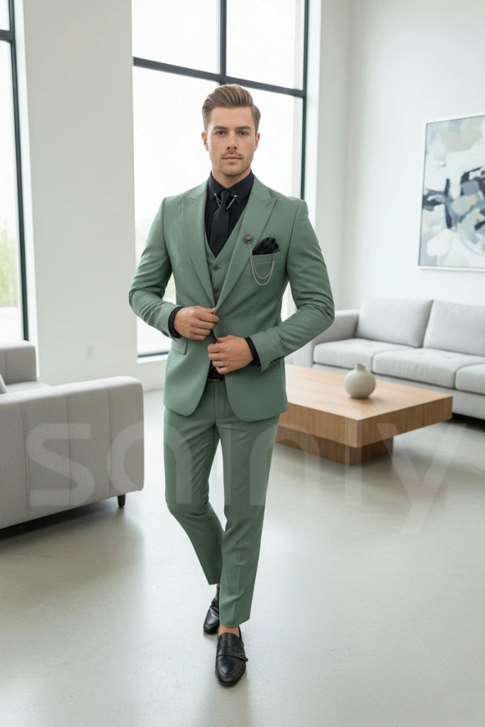 Men sage green suit with blazer, waistcoat, and trousers