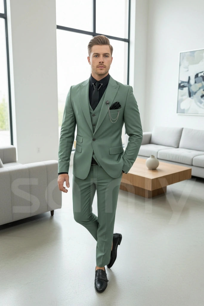 Elegant men sage green three-piece suit for wedding and formal occasions