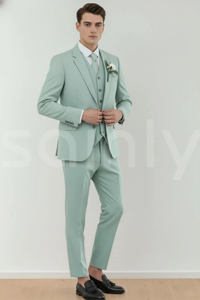 Sage green wedding wear three piece suit for men