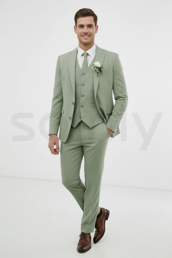 Sage green suit set for men featuring blazer, waistcoat, and trousers-front