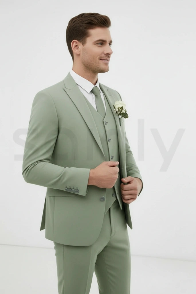 Modern men’s sage green three-piece suit perfect for receptions and events-side