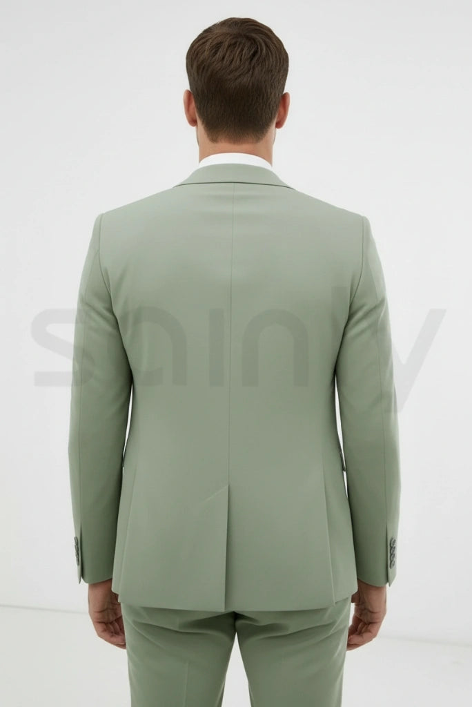 Men sage green three-piece outfit styled for formal occasions-back