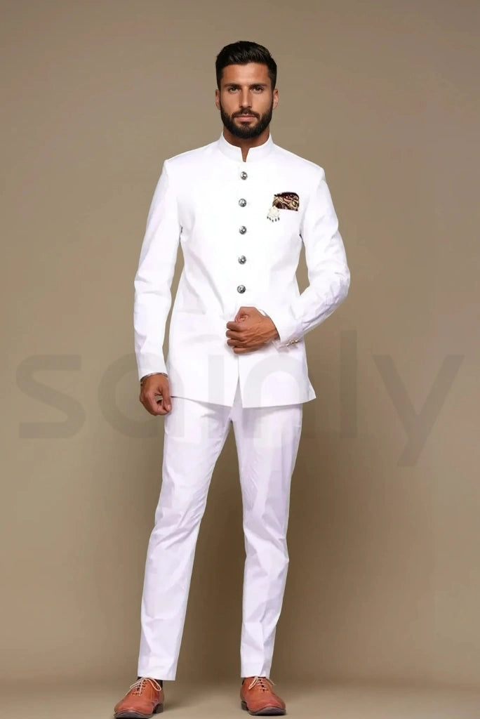 Traditional white Jodhpuri suit for festive occasions