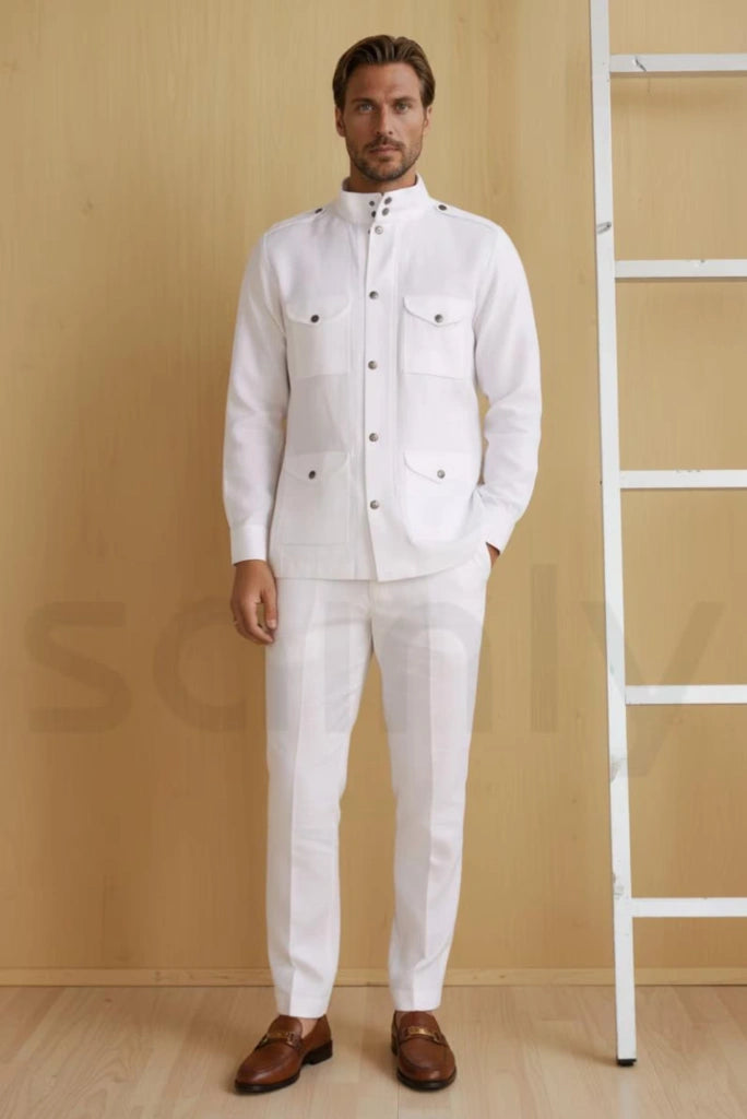 Men wearing white linen safari suit with classic design-Front