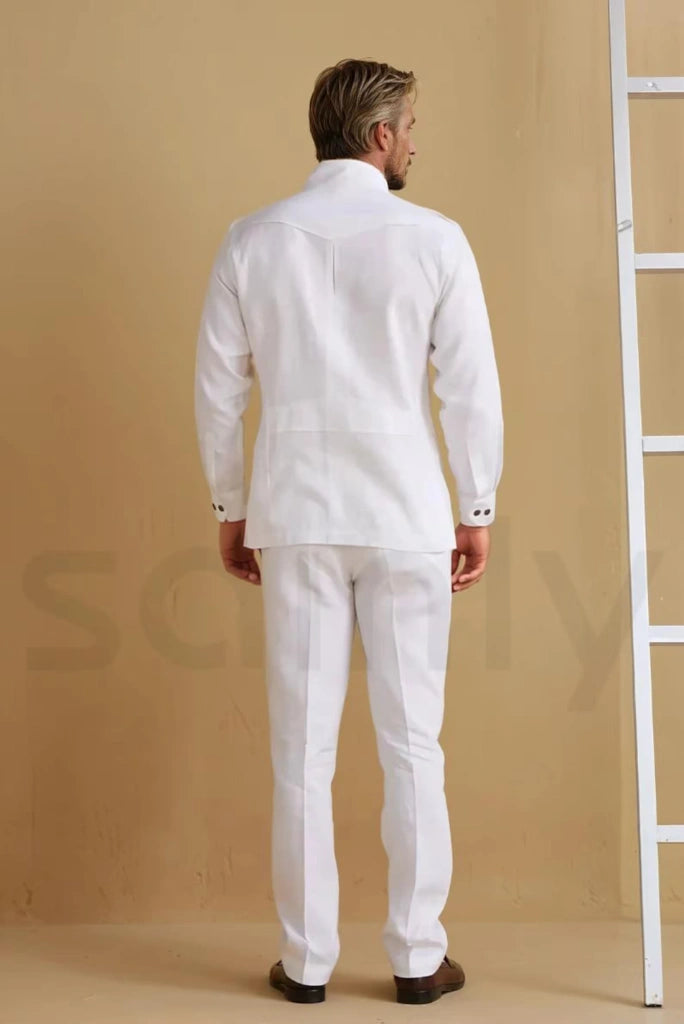 Stylish white linen safari suit for men formal and casual occasions-Back
