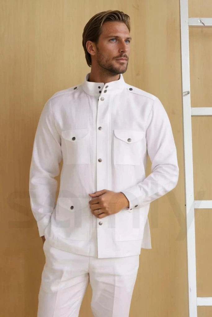 Men white safari suit made from lightweight linen fabric