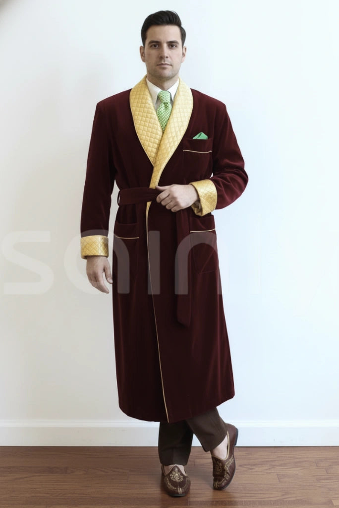 Men luxury wine velvet smoking jacket with shawl lapel