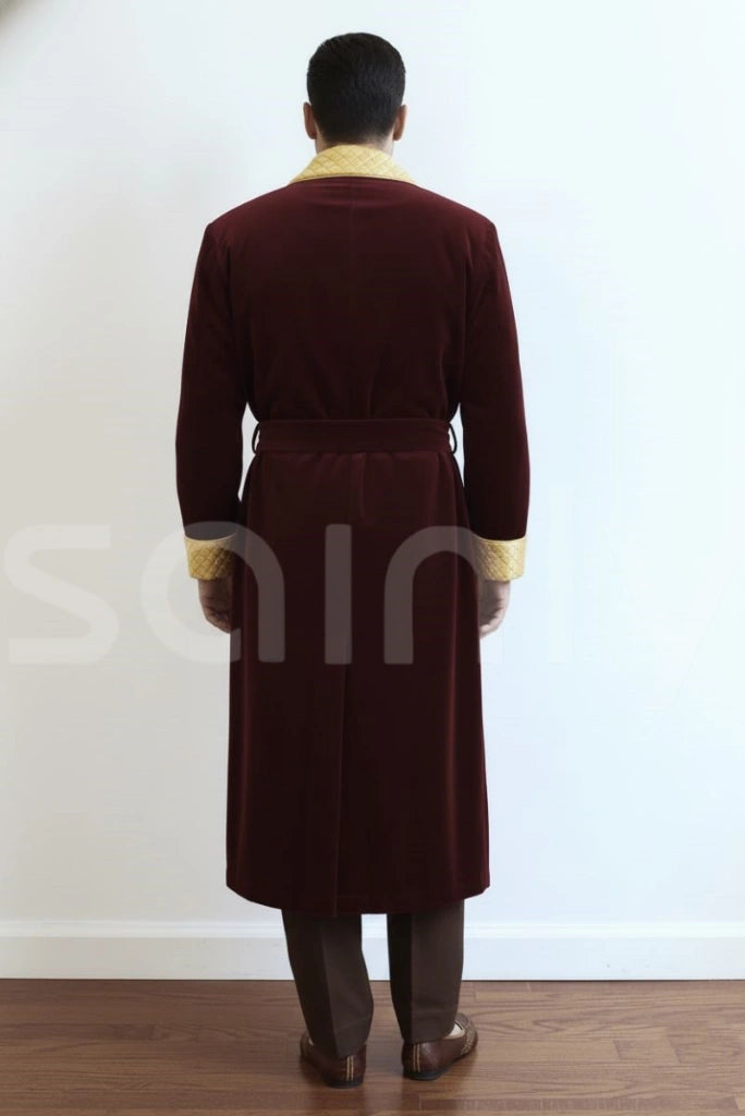 Stylish men wine velvet dinner jacket outfit-back
