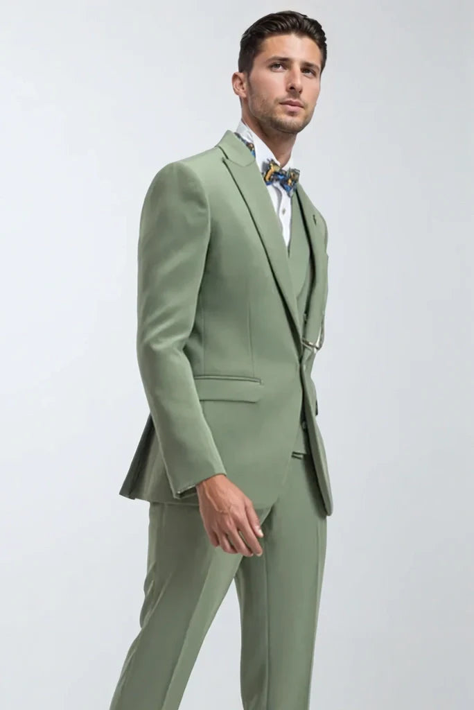 Sage green three piece wedding wear suit for men-side