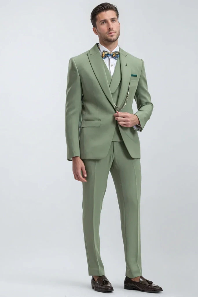 Men sage green three piece weddingwear suit-front
