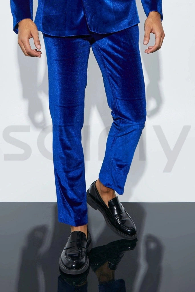 Men's royal blue velvet trousers – regular fit, formal and party wear-front