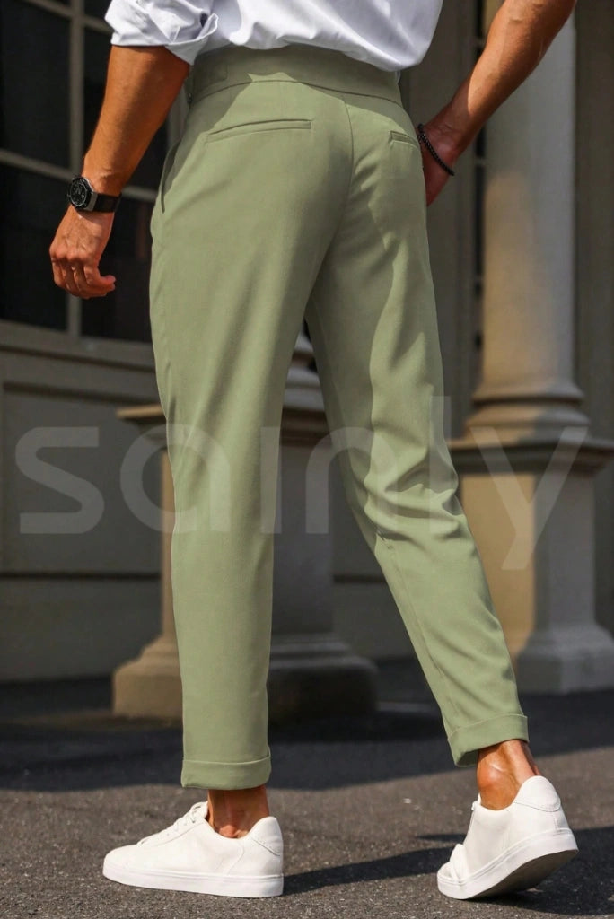 Smart sage green gurkha pants paired with a blazer, ideal for formal office meetings and professional settings-back
