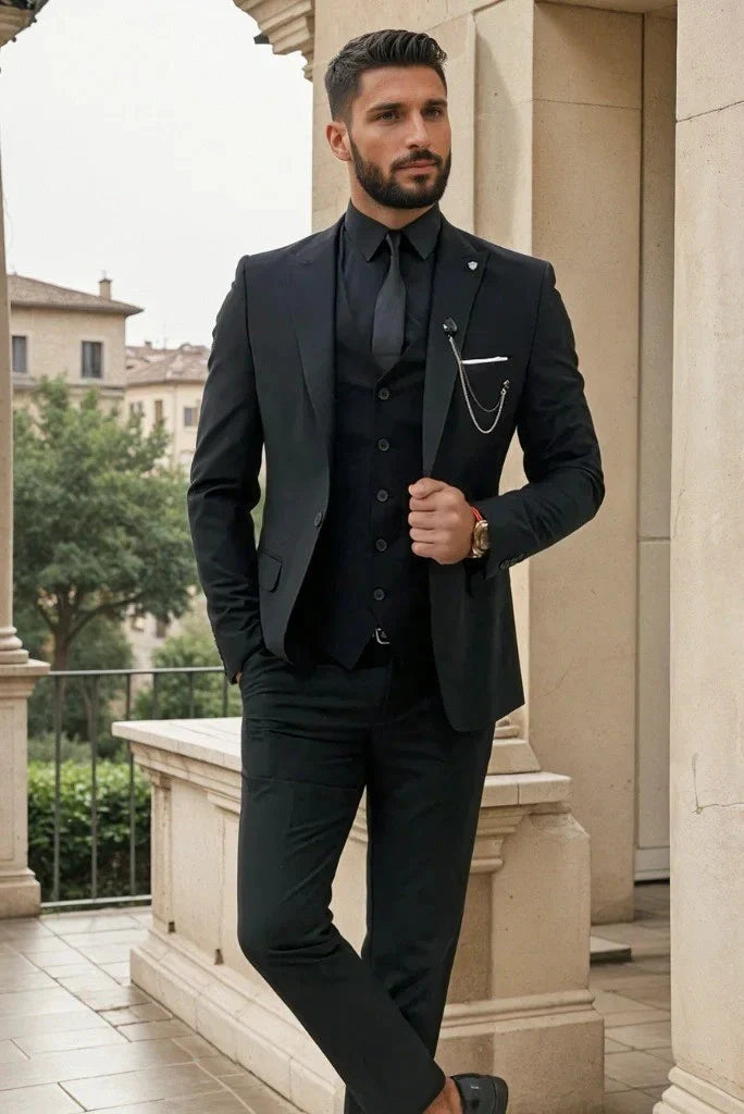 Men black wedding wear three piece suit-front