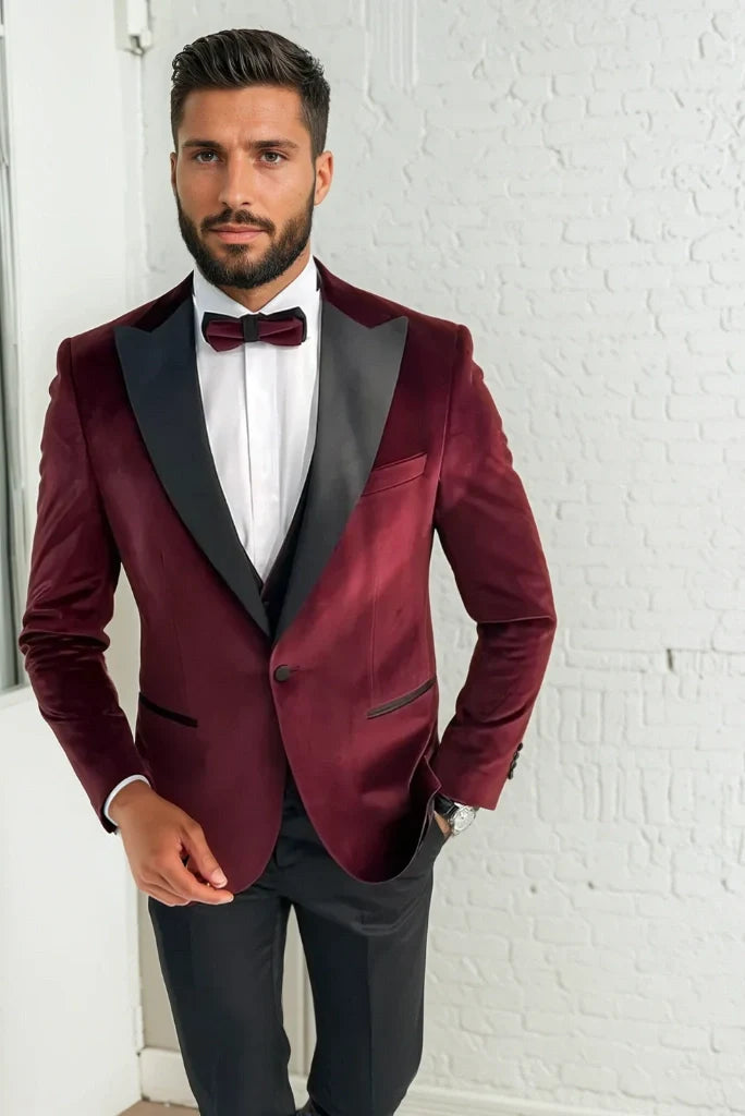 Men maroon and black two piece tuxedo-front