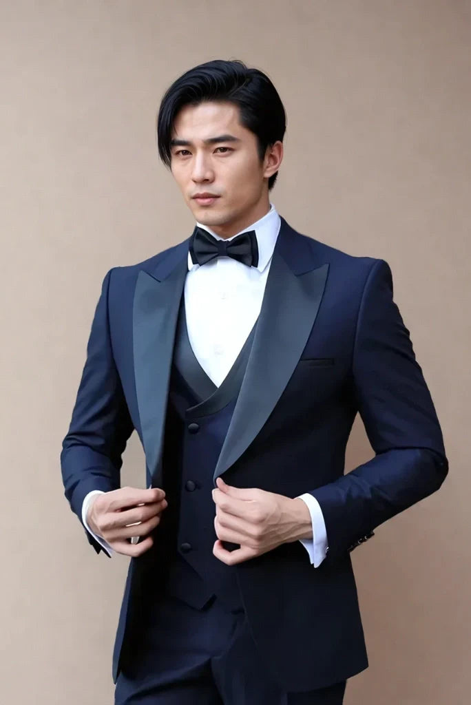 Men navy blue three piece tuxedo suit-front