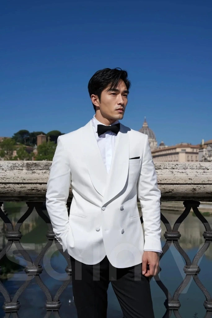 Double-breasted white suit with fine detailing