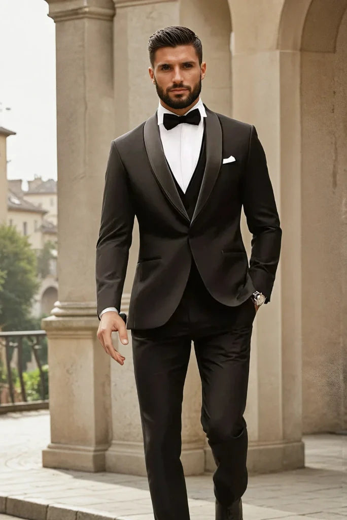 Men black three piece wedding suit-front