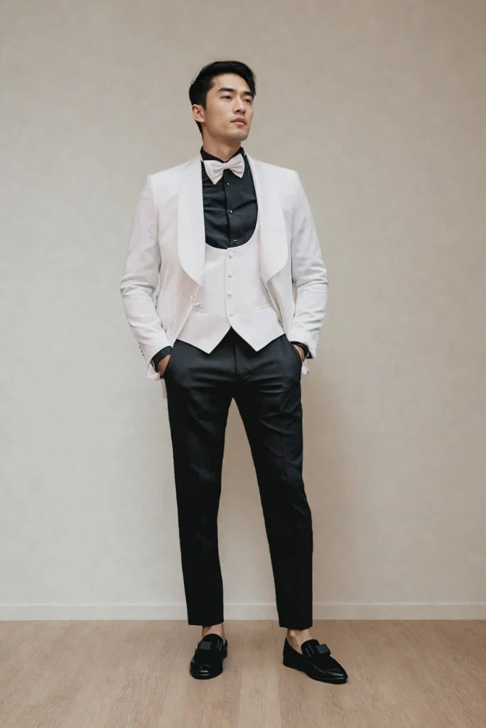 Men white and black three piece suit for wedding wear-front