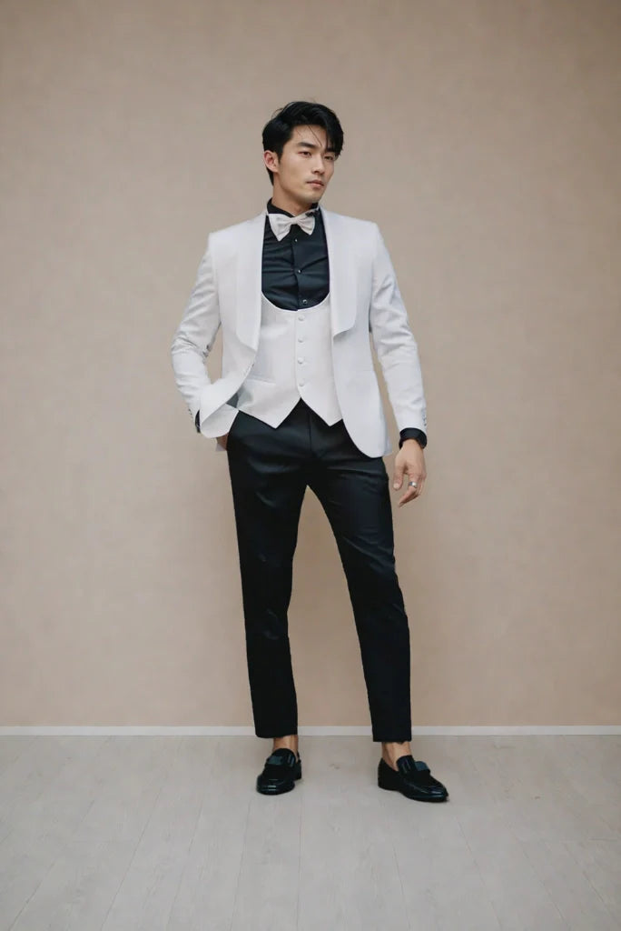 White and black three piece suit for men