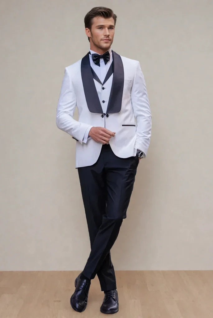 Men black and white three piece tuxedo suit-front