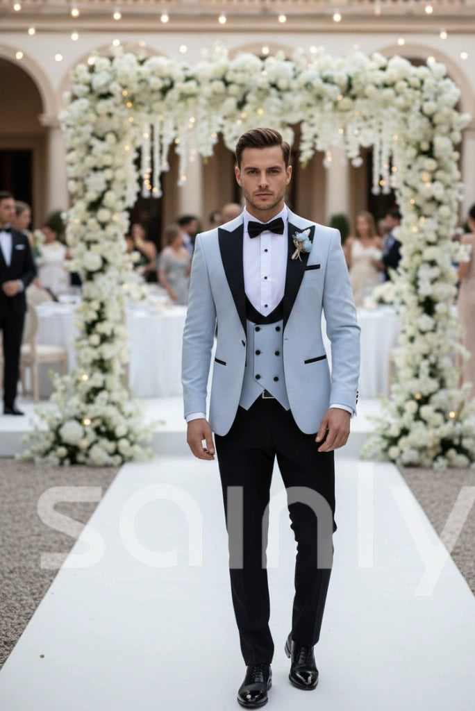Elegant sky blue black combination groom suit formal wear