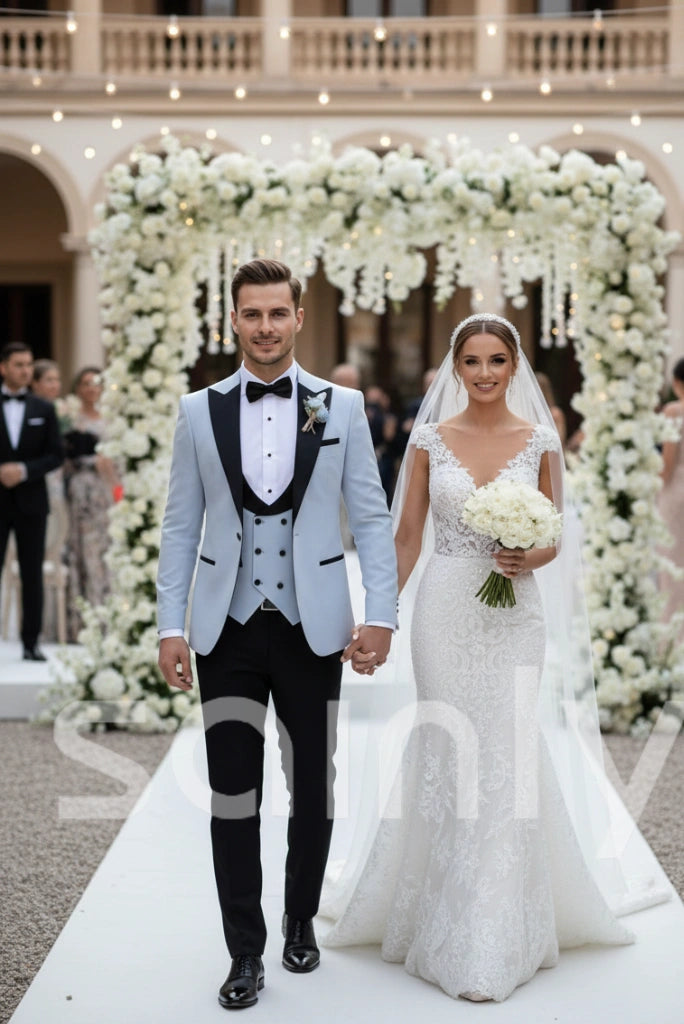 Men’s sky blue and black 3 piece slim fit wedding suit