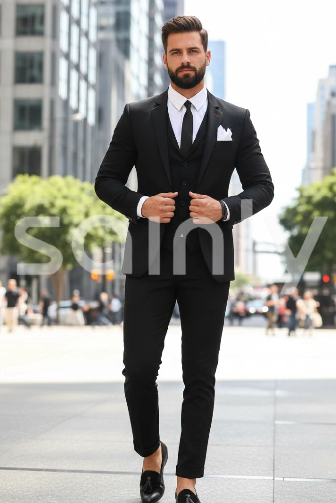 Elegant black tweed dinner suit slim fit formal wear