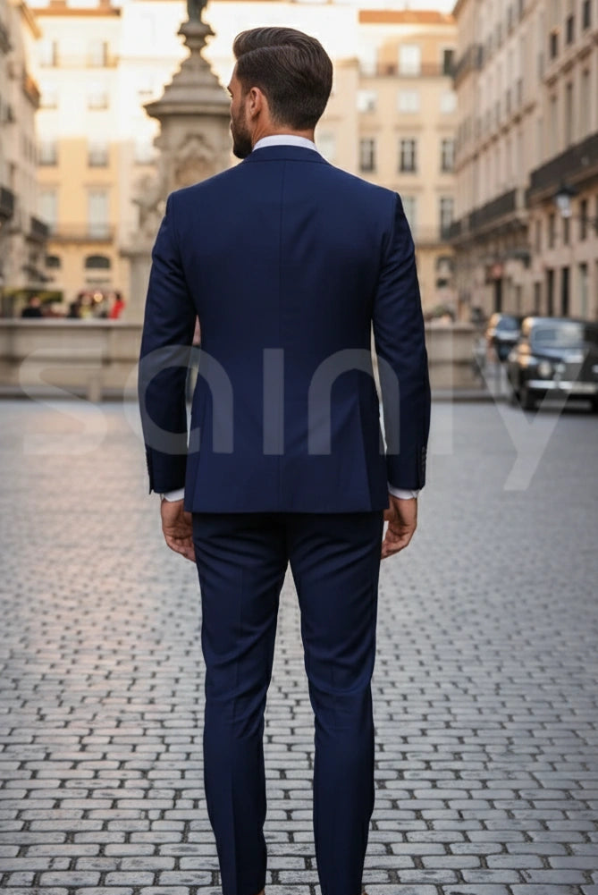 Classic blue three piece bespoke groom outfit back