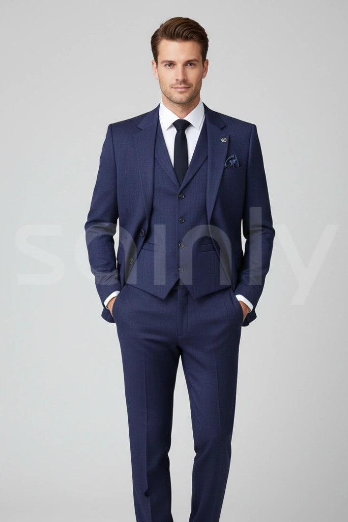 Men’s blue tweed 3 piece winter wedding suit slim fit