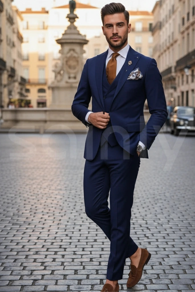 Men’s blue 3 piece wedding suit slim fit front