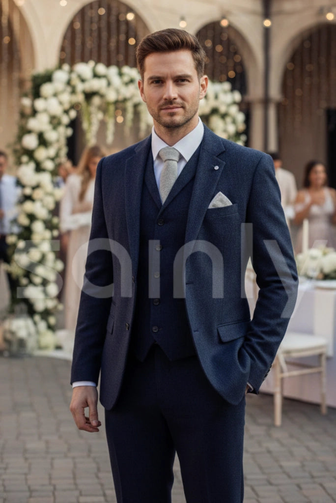 Men’s blue tweed 3 piece winter wedding suit slim fit