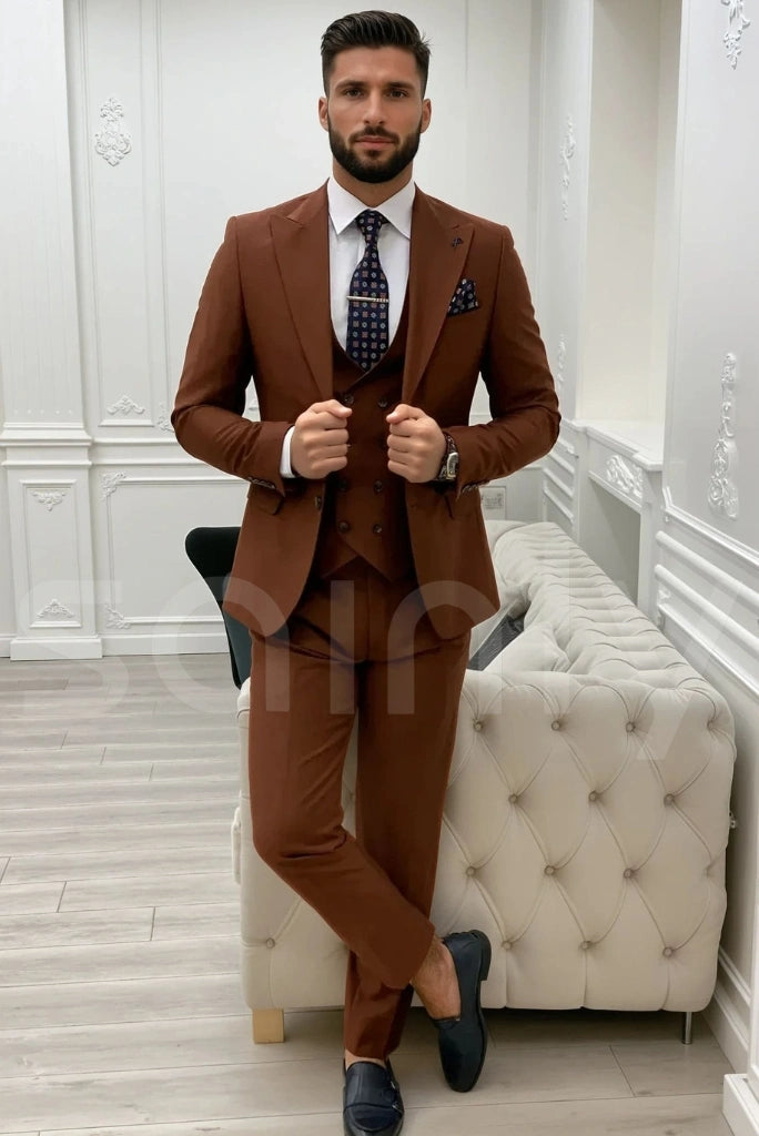 Brown three-piece suit with blazer, waistcoat, and trousers-front