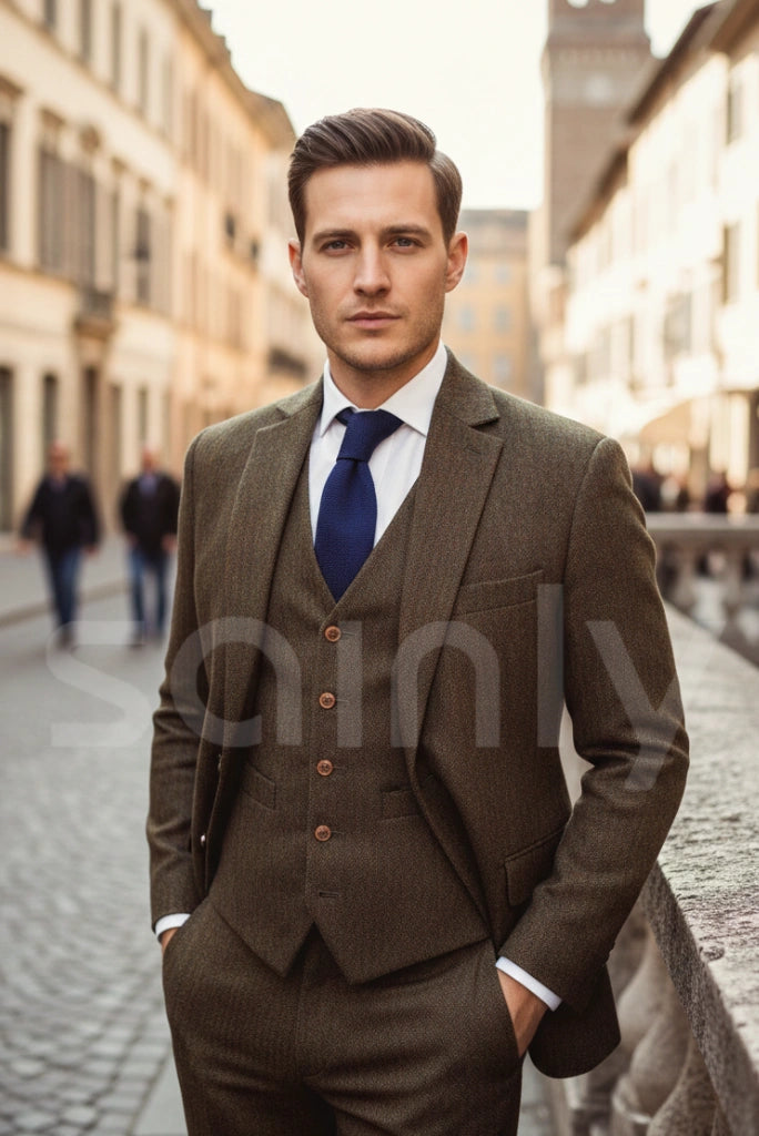 Men’s brown tweed 3 piece wedding suit vintage style