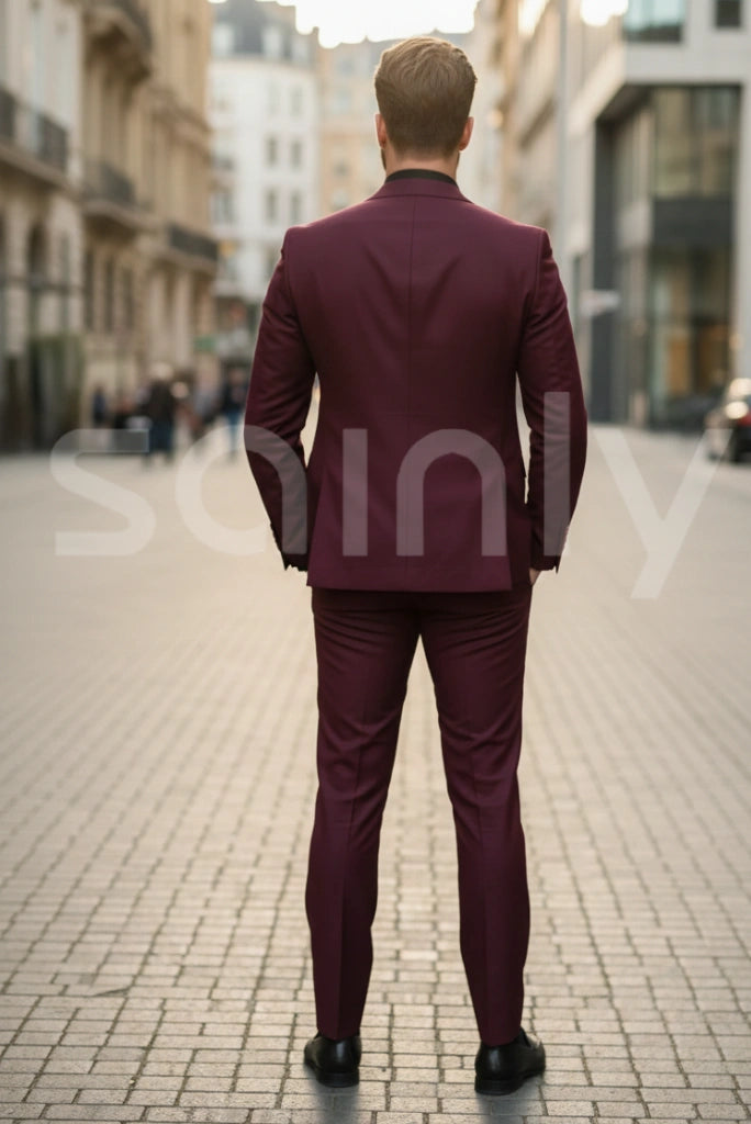 Modern burgundy three piece formal occasion suit