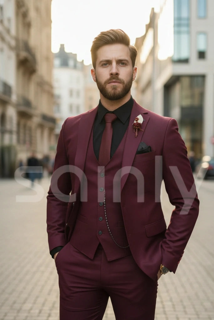 Elegant burgundy bespoke tailored suit for men