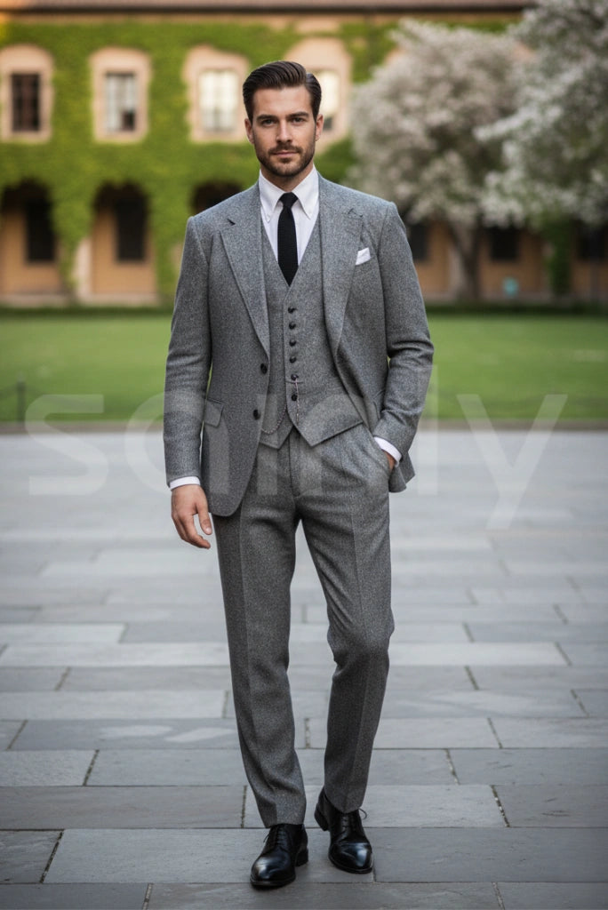Men’s grey tweed 3 piece suit slim fit wedding wear