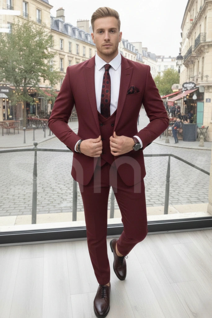Men’s maroon designer 3 piece slim fit wedding suit
