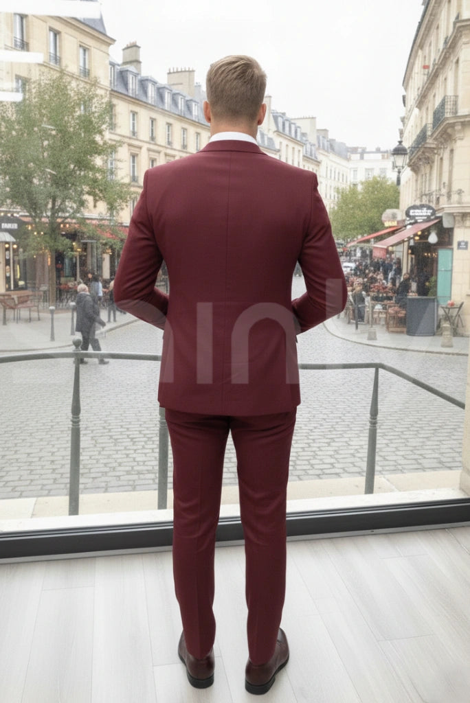 Bespoke tailored maroon formal suit for groom